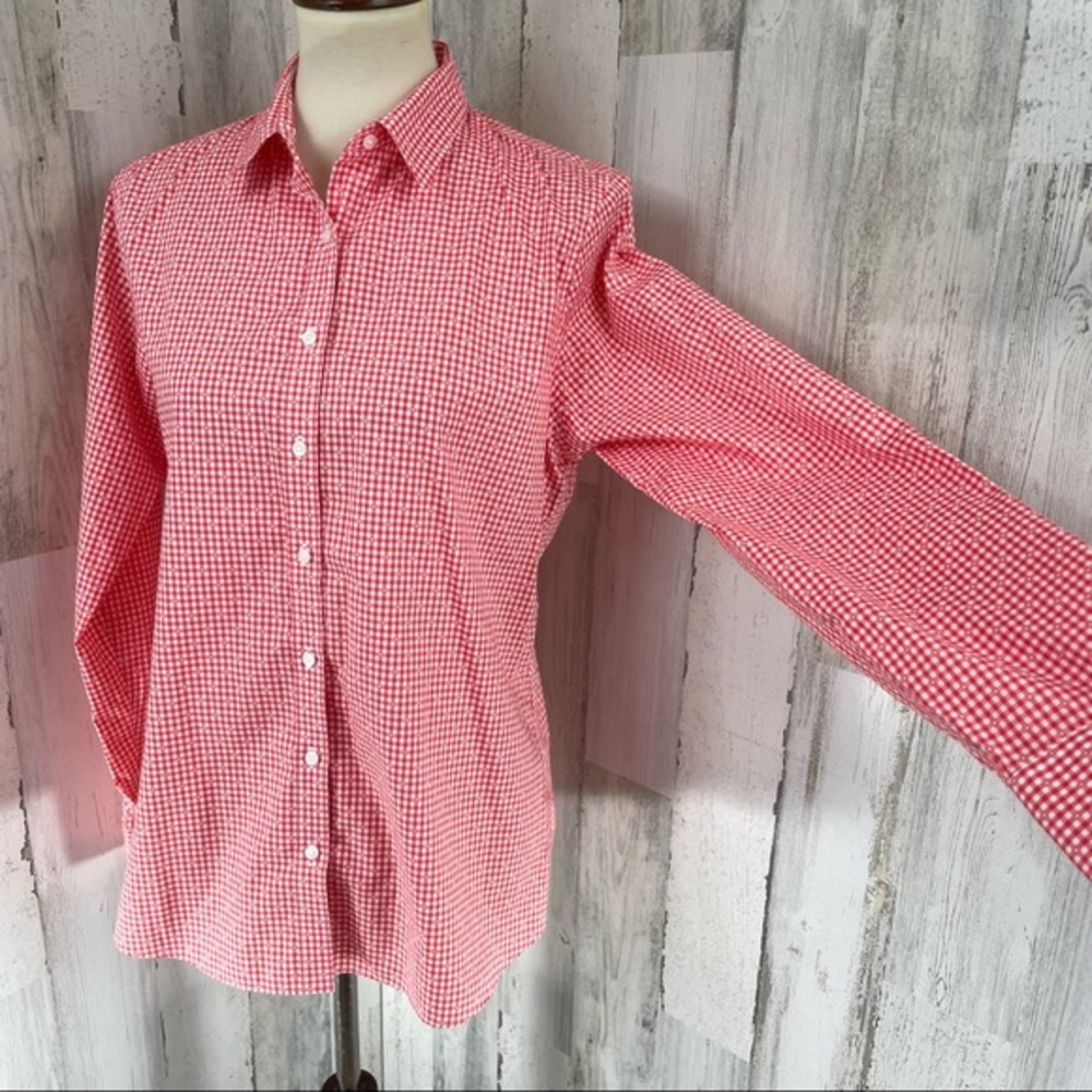 Land’s End Women's Red White Plaid Button Up Long Sleeve Shirt Top Blouse Sz‎ 10